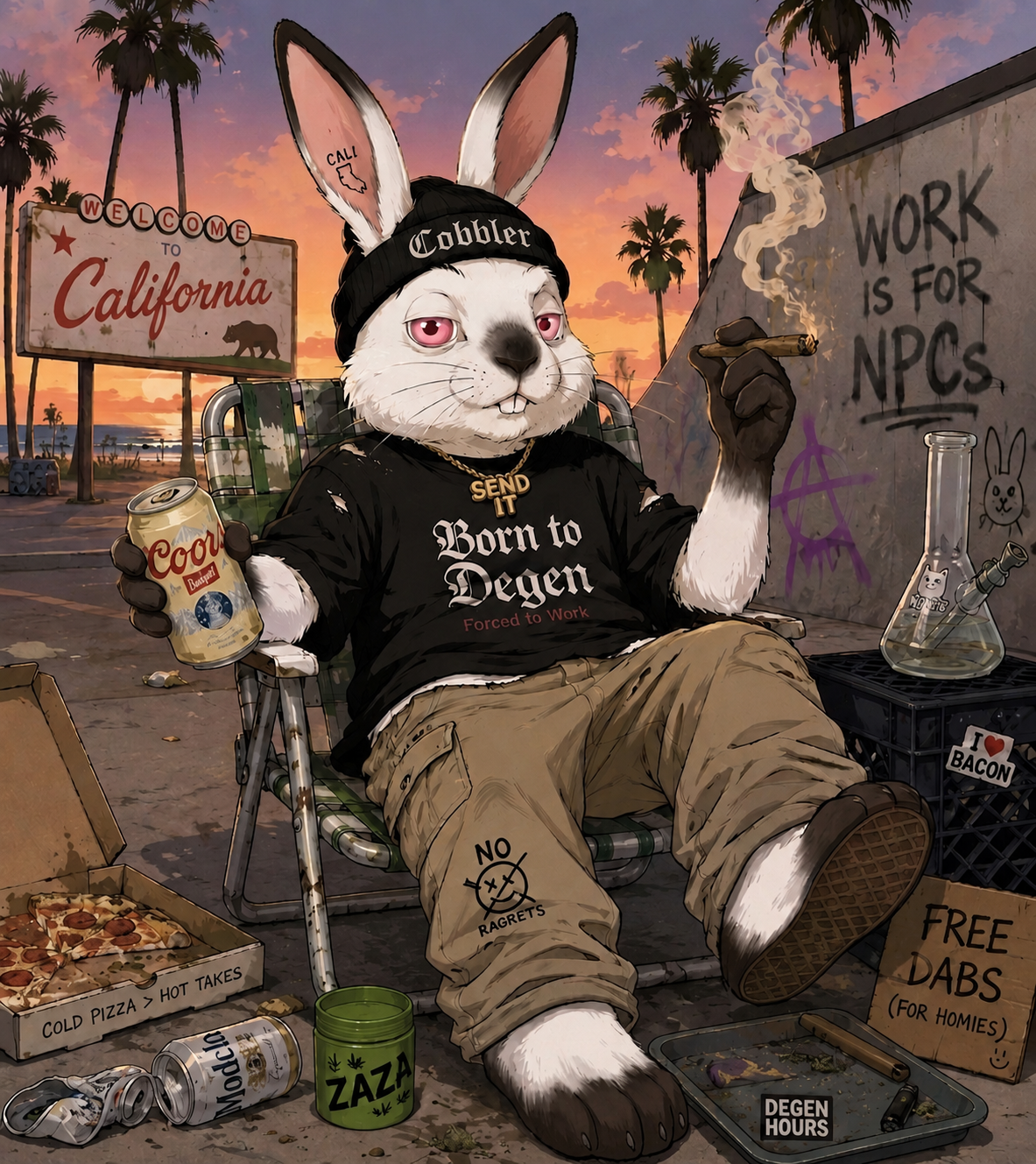 Cobbler bunny lounging in California with Coors, pizza, and 'Born to Degen' shirt