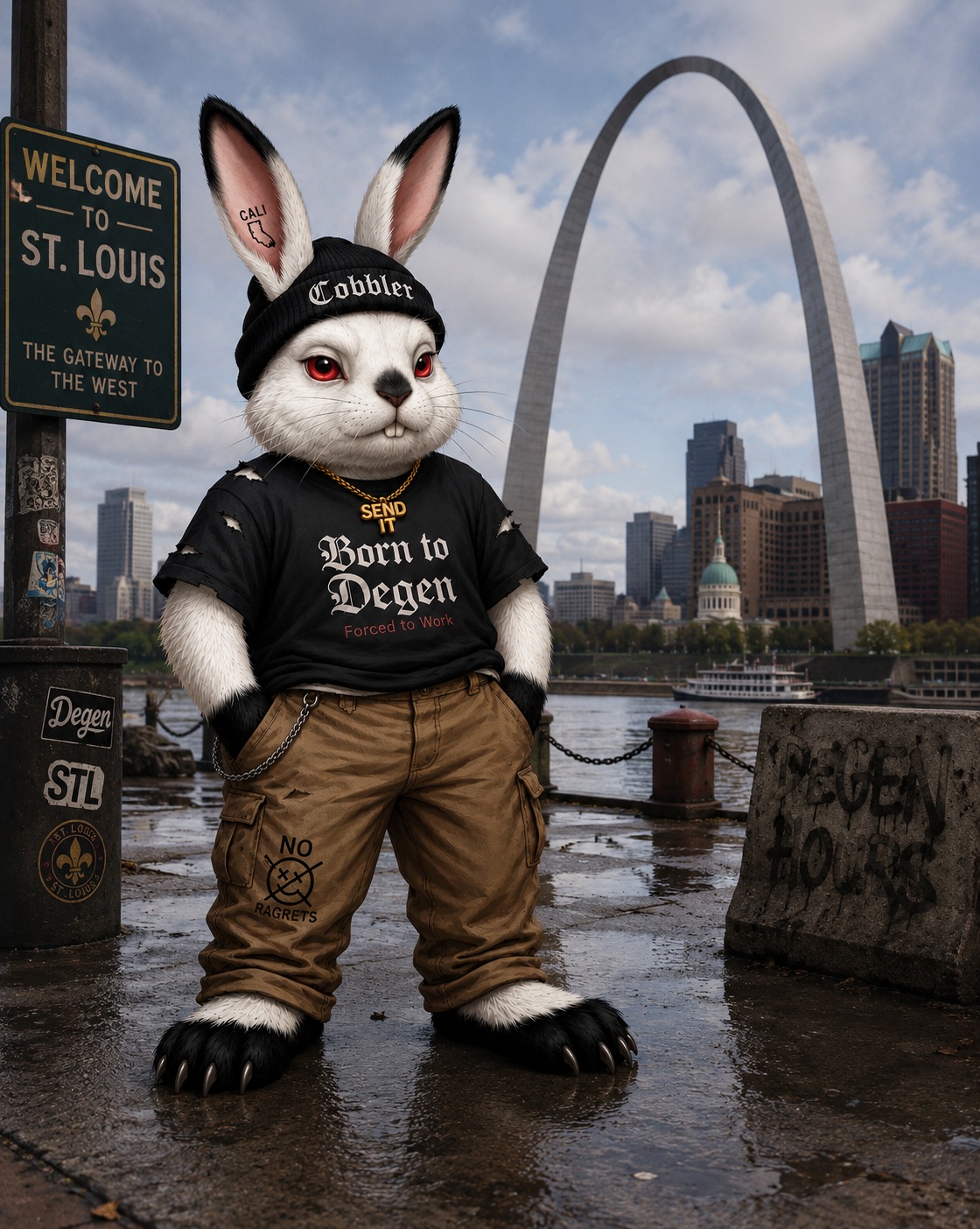 Cobbler bunny in St. Louis wearing a 'Born to Degen' shirt in front of the Gateway Arch